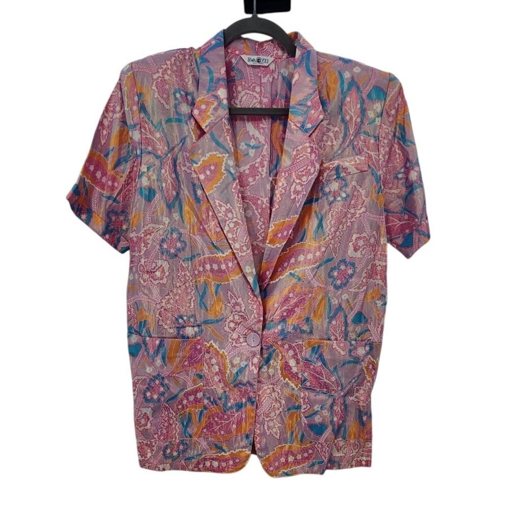 Vintage Iridescent Floral Top Pink Oversized Short‎ Sleeve Blazer Top Est Large